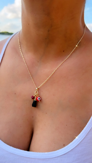 Protection Necklace Evil Eye Charm Azabache Charm Jet Stone Handmade Jewelry 18K Gold Filled Chain Unisex Gift Figa Hand