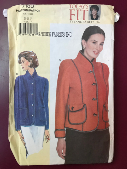 Vogue 7183 Pattern Sandra Betzina Today's Fit Stand Up Collar Jacket Hip Length Edge Binding Braid Or Piping Patch Pockets Bust 38-43" Uncut