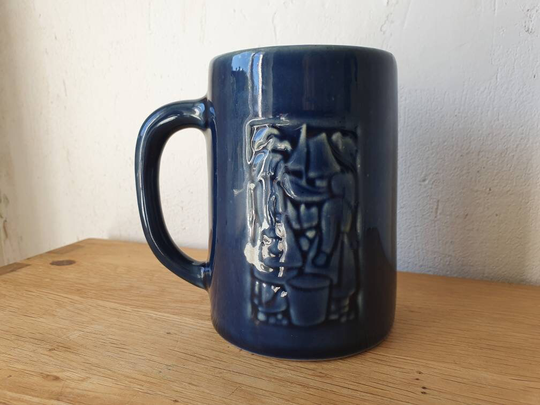 Vintage Scandinavian Cobalt Blue Ceramic Beer Stein With Fishing Village Motif, Michael Andersen, Borholm, Denmark 1960S