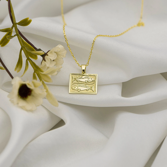 14K Real Solid Gold Pisces Zodiac Necklace - Dainty Personalized Jewelry Tiny Pendant Yellow Charm Gift For Her