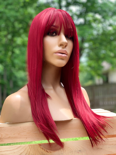 Human Hair Blend Wig Red Hair Full Cap Wig With Bangs Long Straight 18"
