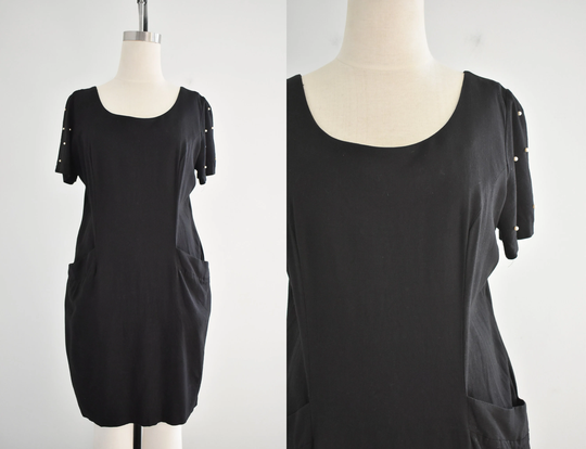 1990S Black Linen Blend Dress With Faux Pearl Studs