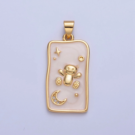 24K Gold Filled Dainty Cute Bear Rectangular Moon & Star Charm, Teddy Crescent Charm For Minimalist Jewelry Design | I-306