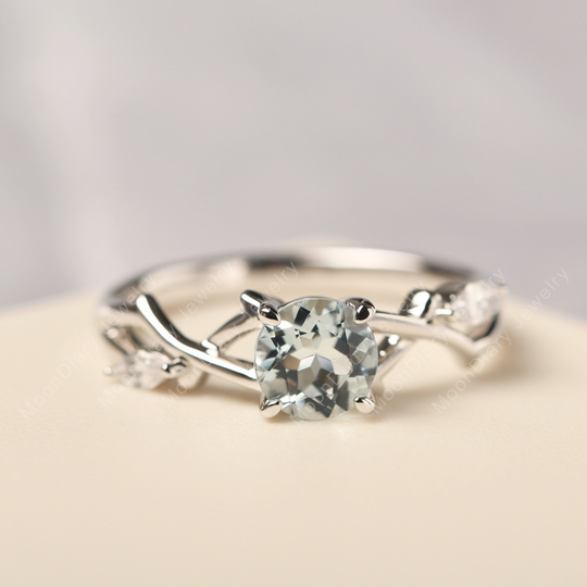 Aquamarine Branch Promise Ring Round Shaped White Gold Twig March Birthstone