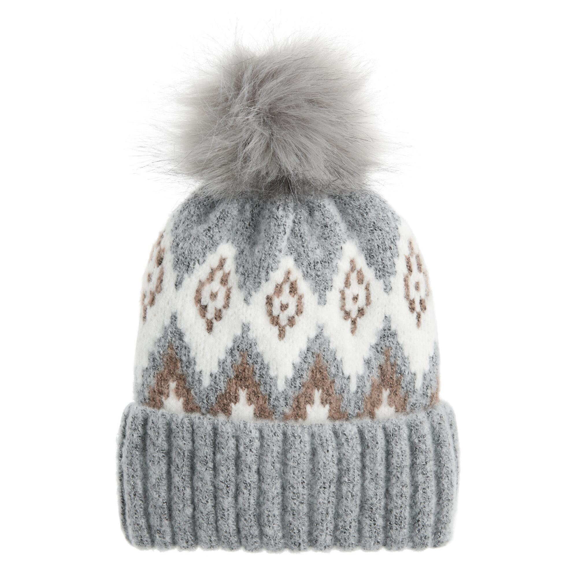 Gray, White and Brown Chevron Beanie With Pom - Acrylic by World Market