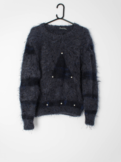 Womens Vintage Fluffy Navy Mohair Blend Jumper With Lurex Thread & Pearl Beads - Christmas Vibes Small/Medium