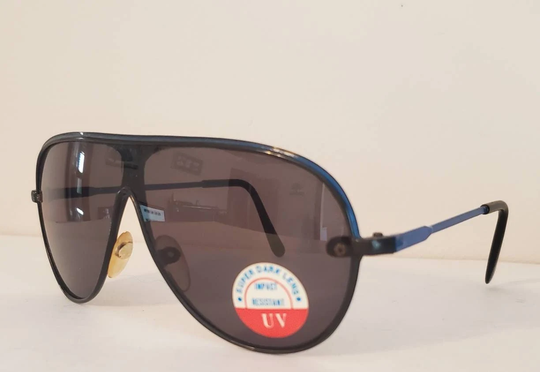 Vintage Aviator Sunglasses // Sleek Blue Stripe + Legs On Black Metal Frames 90S Party Glasses Super Dark Lens Summer Beach True Vtg
