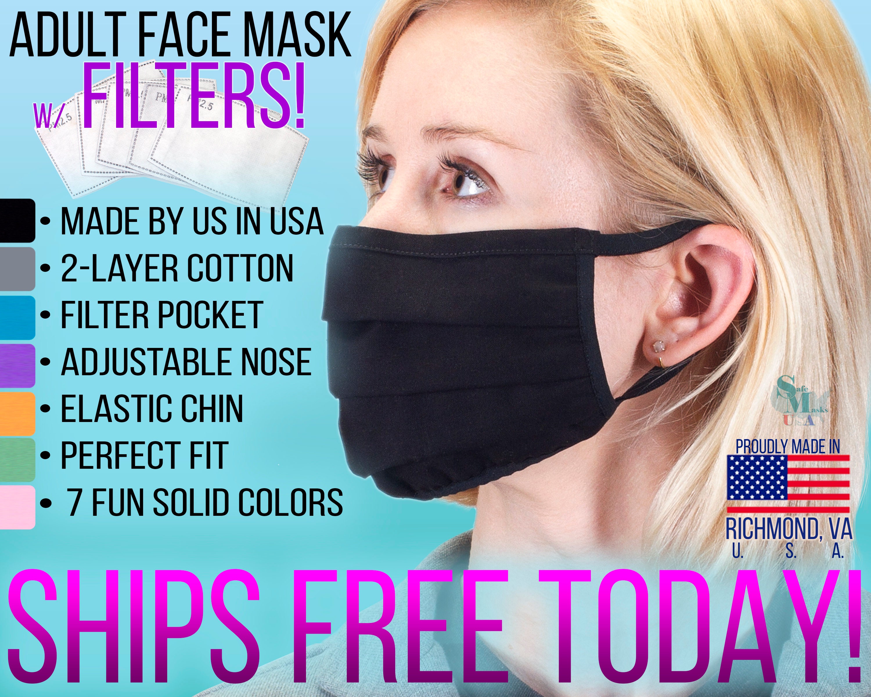 Adult Face Mask With Filter Pocket, Cloth Nose Wire, Reusable Mask, Washable Black Pink Dust