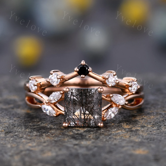 Vintage Black Rutilated Quartz Engagement Ring Set Princess Cut Gemstone Split Band Vine Moissanite Bridal Gift