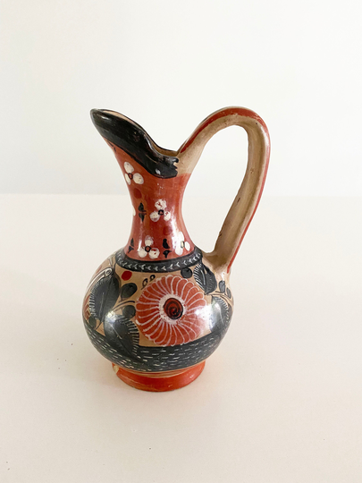Vintage Mexican Tonala Pottery Cruet Pitcher Hand Painted Birds Crane Signed Stoneware