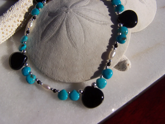 Black Onyx Necklace, Turquoise Freshwater Pearl Sterling Silver February June December Birthstone