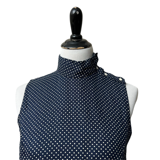 1970S Navy Blue Polka Dot Breeches Sleeveless Top Button Shoulder Linen Like Blend Womens Vintage Medium