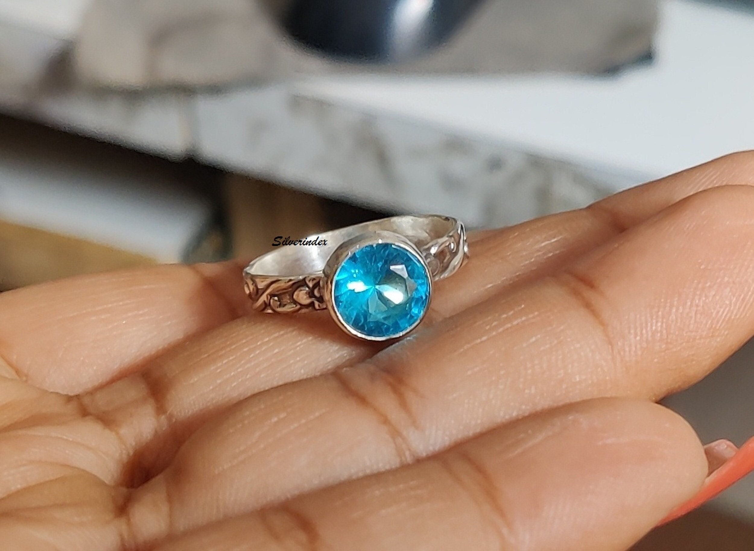 Blue Topaz Ring, 925 Silver Sterling Beautiful Engagement Gift Handmade Women Midi Jewelry