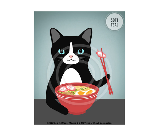 725Dp Black & White Cat Eating Ramen Wall Art Print - Cute Prints Drawing Gifts Funny Food