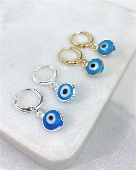 18K Gold Filled Dangling Earrings Featuring 12mm Greek Blue Eyes, Protection & Lucky Earrings, Wholesale Jewelry Making Supplies