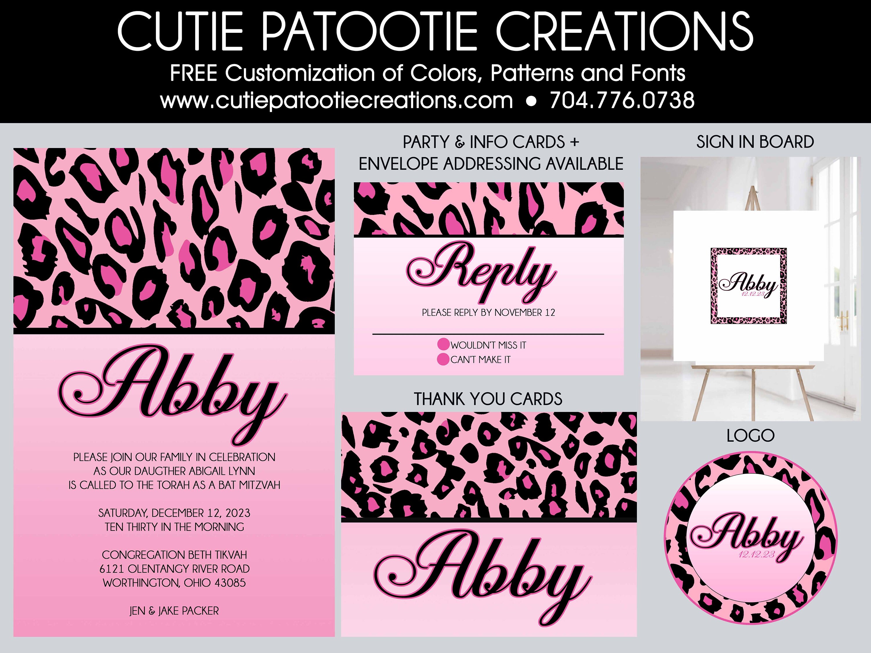 Pink Leopard Bat Mitzvah Invitations - Animal Print Invitation Matching Rsvp Card, Thank You Note, Envelope Addressing Available