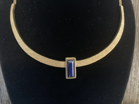 Givenchy Signed Vintage 1990's Gold Classic Modern Collar Statement Necklace With Grey Iridescent Stone