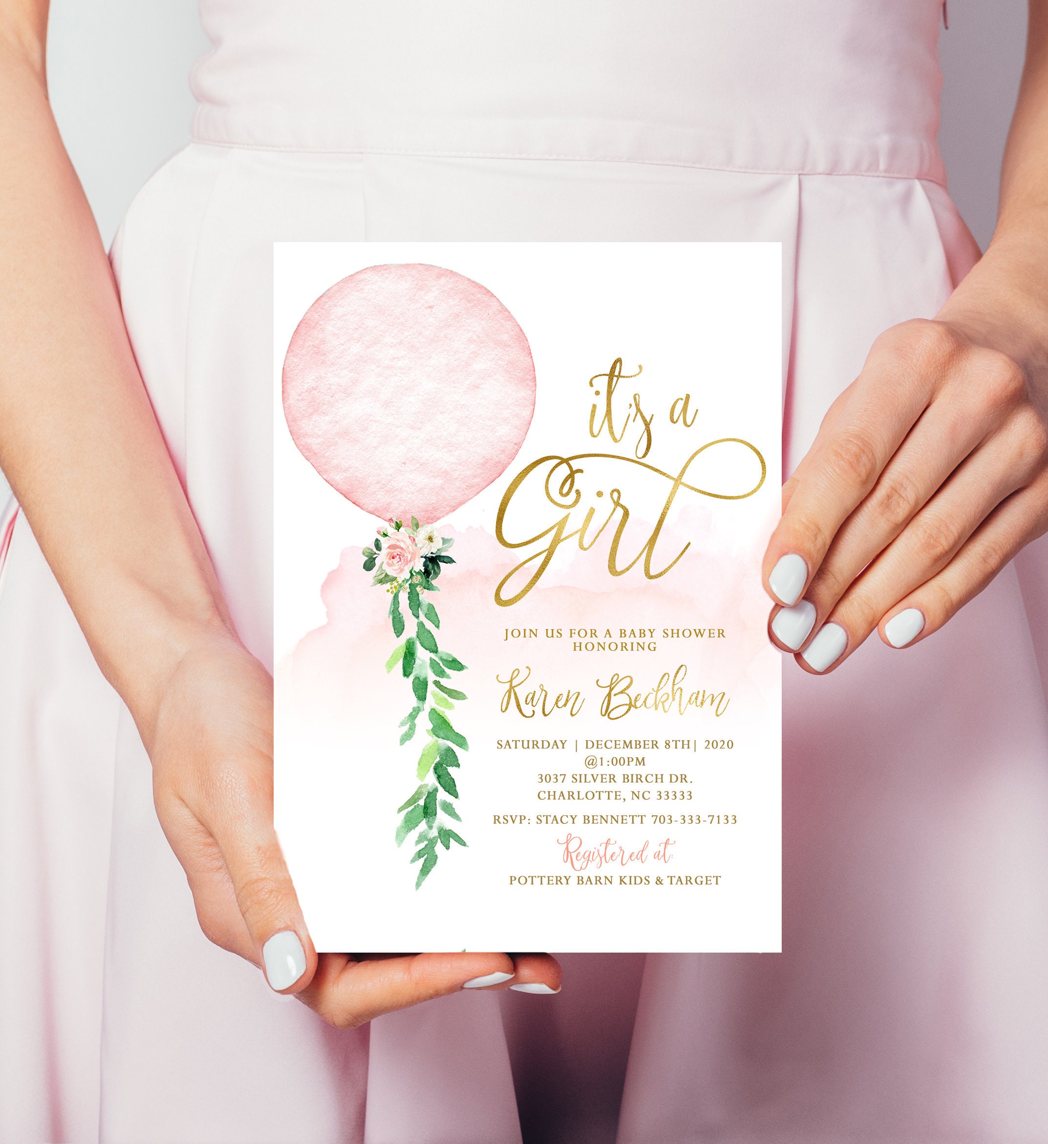Blush Pink Baby Shower Invitation, Balloon Girl Invitation #1