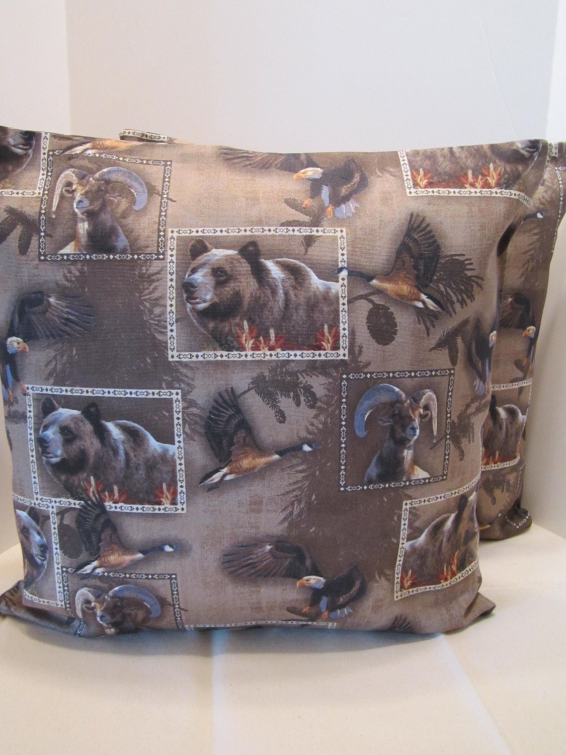 Clearance Bear Ram Eagle Duck Print Canvas Pillow Covers - Wildlife Designer Fabric Mancave Home Cabin Cottage Lodge Decor 18 Inch
