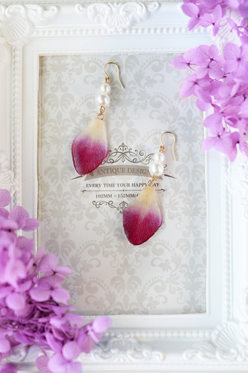Real Flower Orchid Petal With Pearl Dangle Earrings Resin Pink Purple Teardrop
