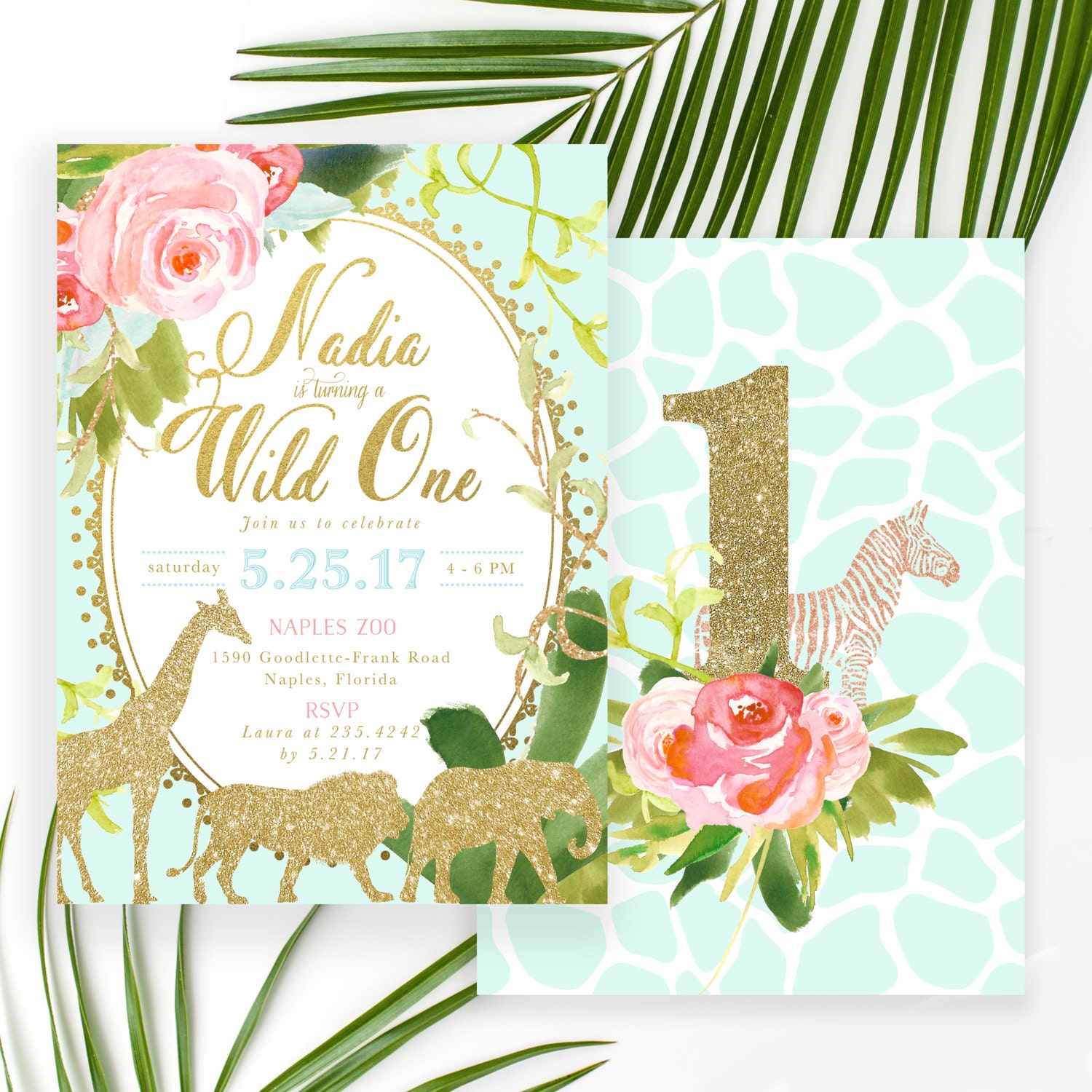 Wild One Birthday Invitation Girl, Girl Safari First Invite, Jungle 1st Mint & Gold, Printed Or Printable - Nadia