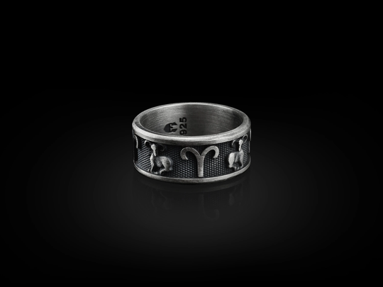 Aries Ram 925 Silver Personalized Ring, Sterling Zodiac Men's Wedding Band Jewelry, Celestial Groomsmen Gift