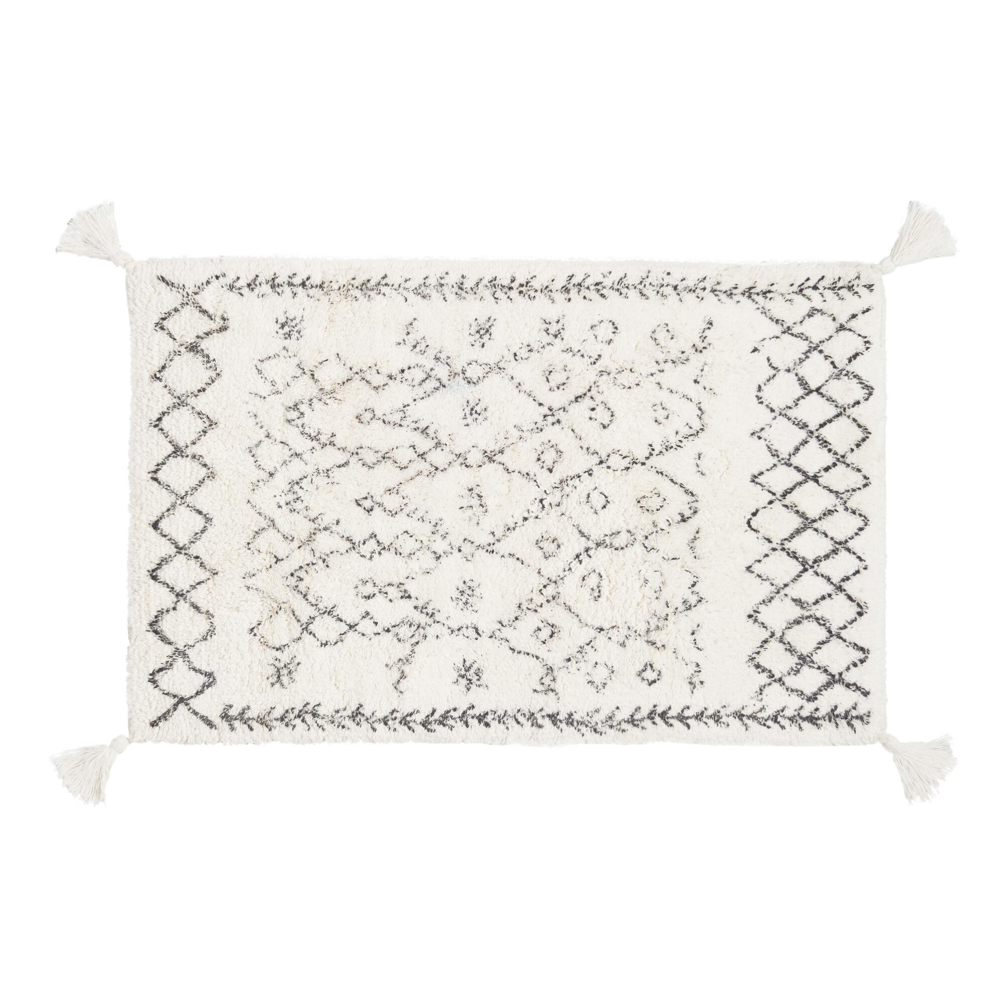 Oversized Ivory and Black Moroccan Tassel Bath Mat - Cotton by World Market
