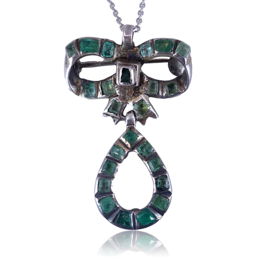 Antique Georgian C. 1800 Foil Back Emerald & Silver Bow Brooch Pendant