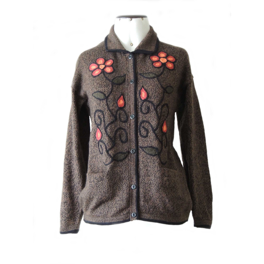 Women"S Cardigan Alpaca Wool Blend With Embroidered Flowers
