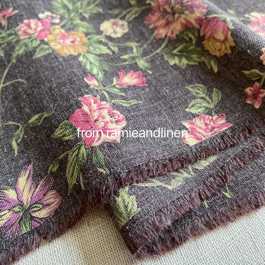 Japanese Imported, Wool Blend Fabric, Countryside Flowers Print, & Poly Half Yard By 43" Wide