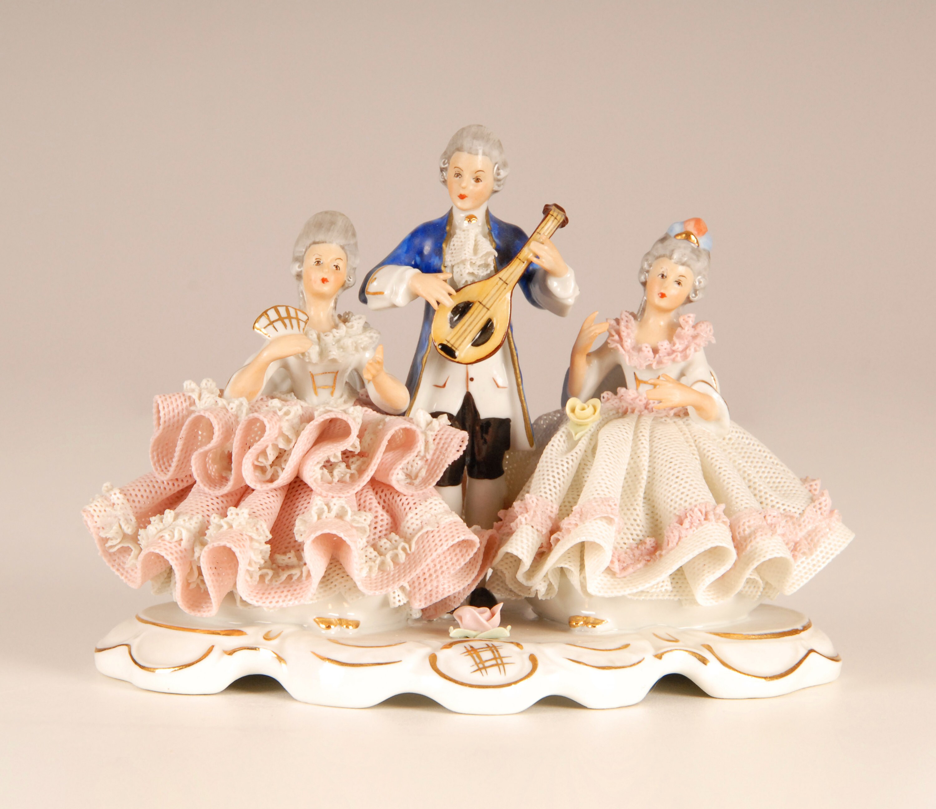 Dresden Porcelain Germany Lace Figurine Royal Dressed Ladies & Musician Volkstedt