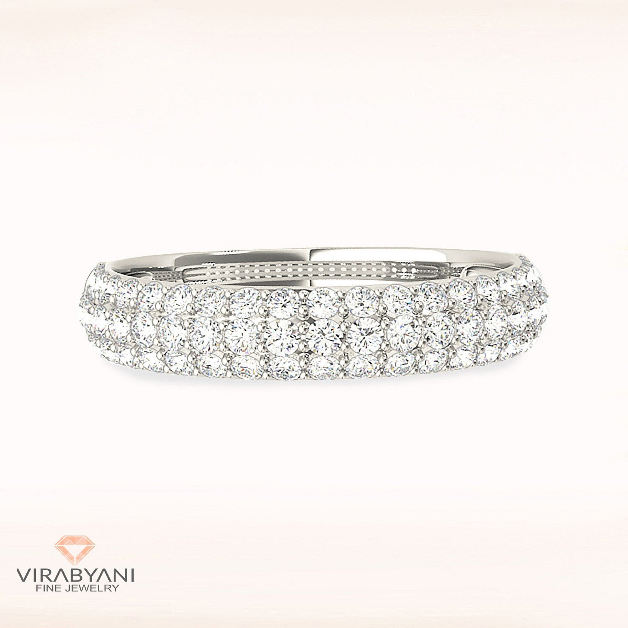0.70 Ctw Triple Row Pave Diamond Wedding Band - 14K/18K Solid White Gold/Platinum | Anniversary Ring Modern Design