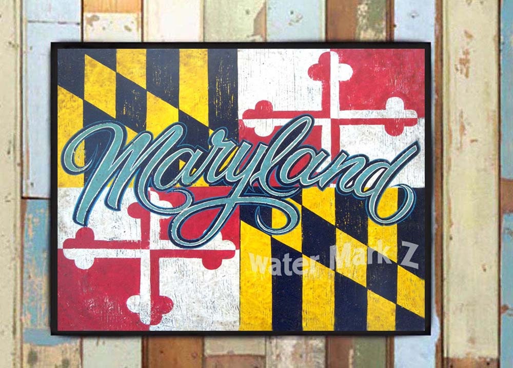 Maryland Flag & Script Lettering Print From An Original Hand Painted & Lettered Sign. Art, State Flag, Md