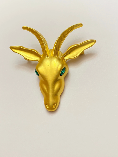 Unique Oversize Large Statement Gold-Tone With Green Rhinestones Ram Goat Wicca Farm Animal Brooch Pin Jewelry A1929