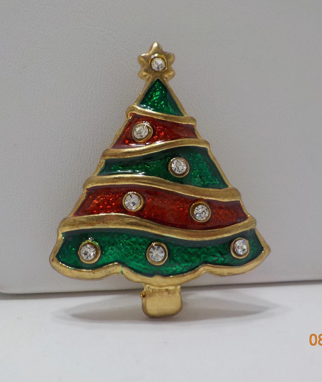 Vintage Rhinestone & Enamel Christmas Tree Brooch | 2887