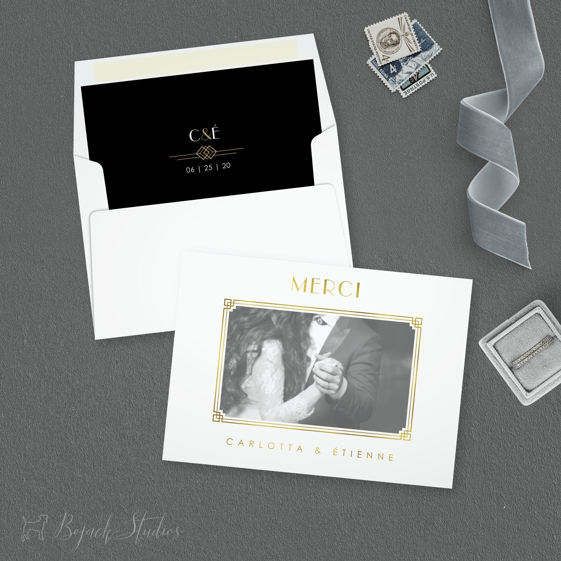 Art Deco Thank You, You Card, Wedding Bridal Shower Thanks, Carlotta