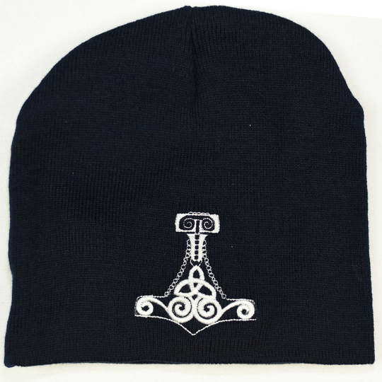 Scandinavian Viking Thor's Hammer On Navy Blue Knit Hat #kh43