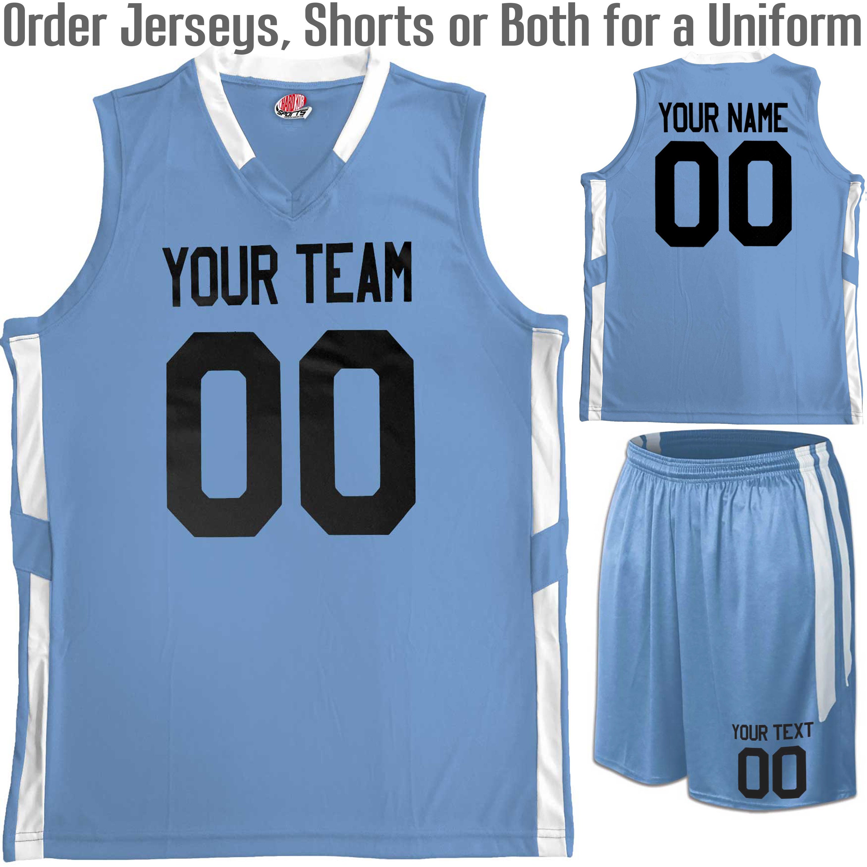 Custom Basketball Jerseys - Light Blue & White Order Shorts For A Complete Uniform Team Name, Player Name & Number