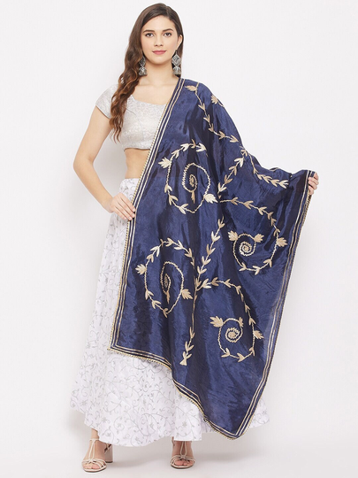 Women's Silk Blend Navy Blue & Gold-Coloured Embroidered Dupatta With Gotta Patti Free Shipping