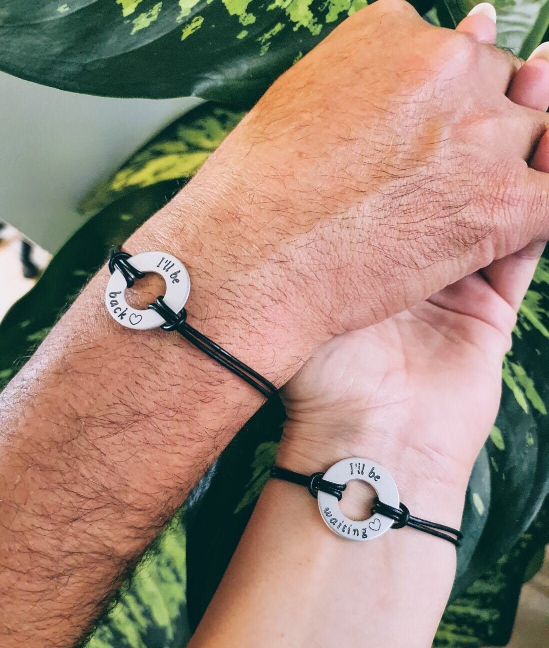 Set Of 2 Personalized Couples Leather Bracelets, I'll Be Back, Waiting Engraved Washer His & Hers, Gift, Matching