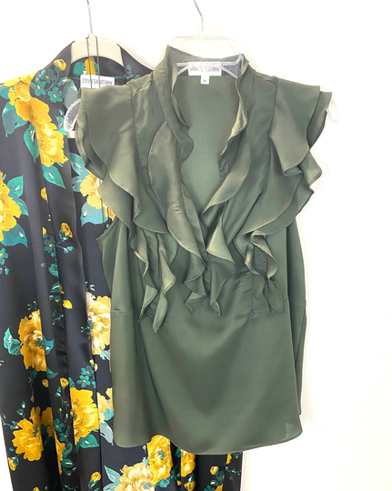 Dark Olive Ruffle Silk Blend Top, V-Neck 9-9 Blouse, Handmade Top