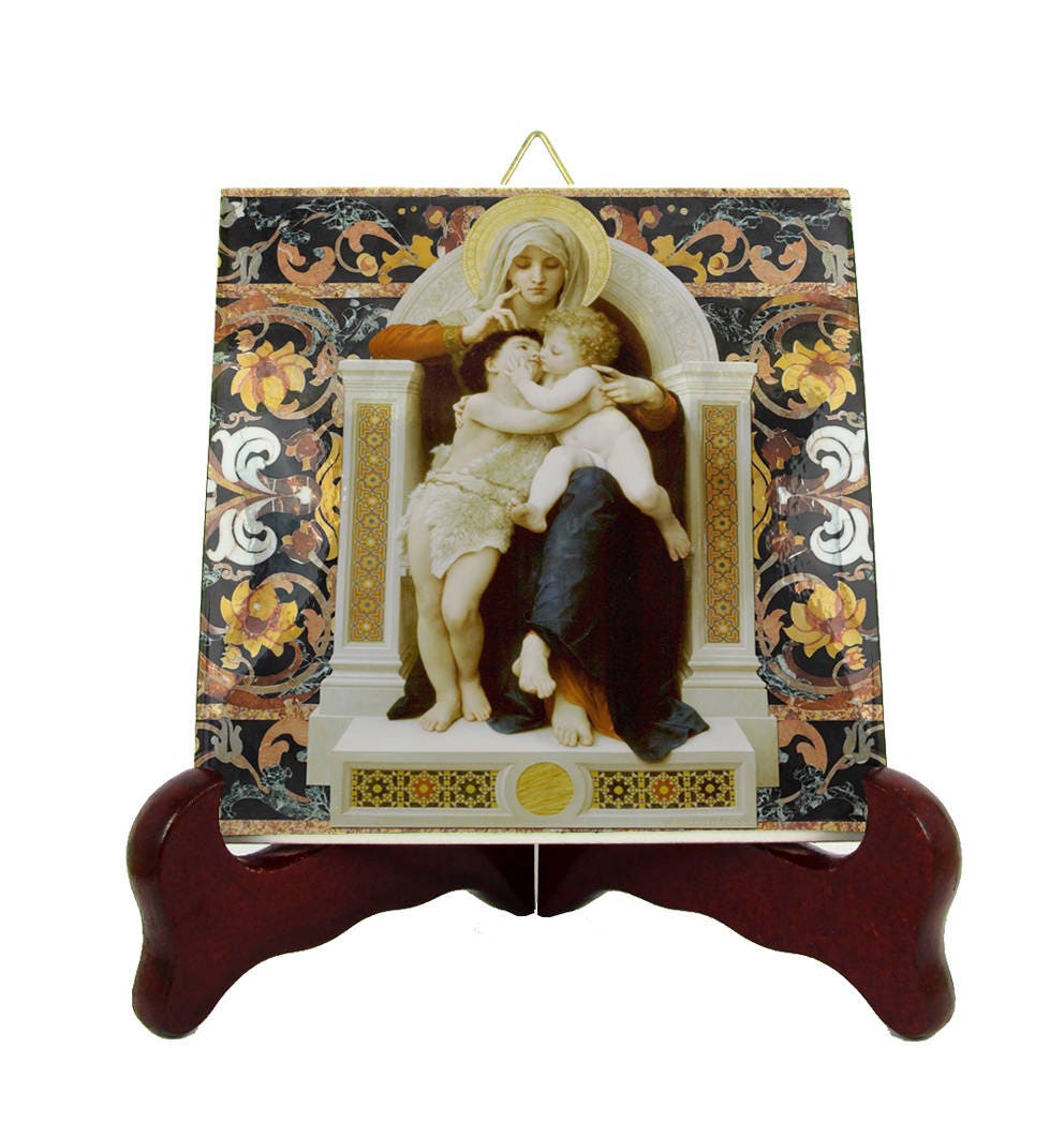 Bouguereau - The Virgin, Jesus & Saint John Baptist Religious Icon On Ceramic Tile Painting Art Handmade in Italy