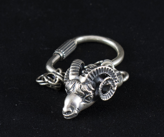Ram's Head Sterling Silver Keyring-Keychain-Symbol Of Strength, Leadership & Protectiveness-Ancient Greek Motif