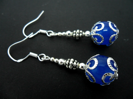 A Pair Of Hand Made Dangly Blue Jade Bead Earrings With 925 Solid Silver Hooks