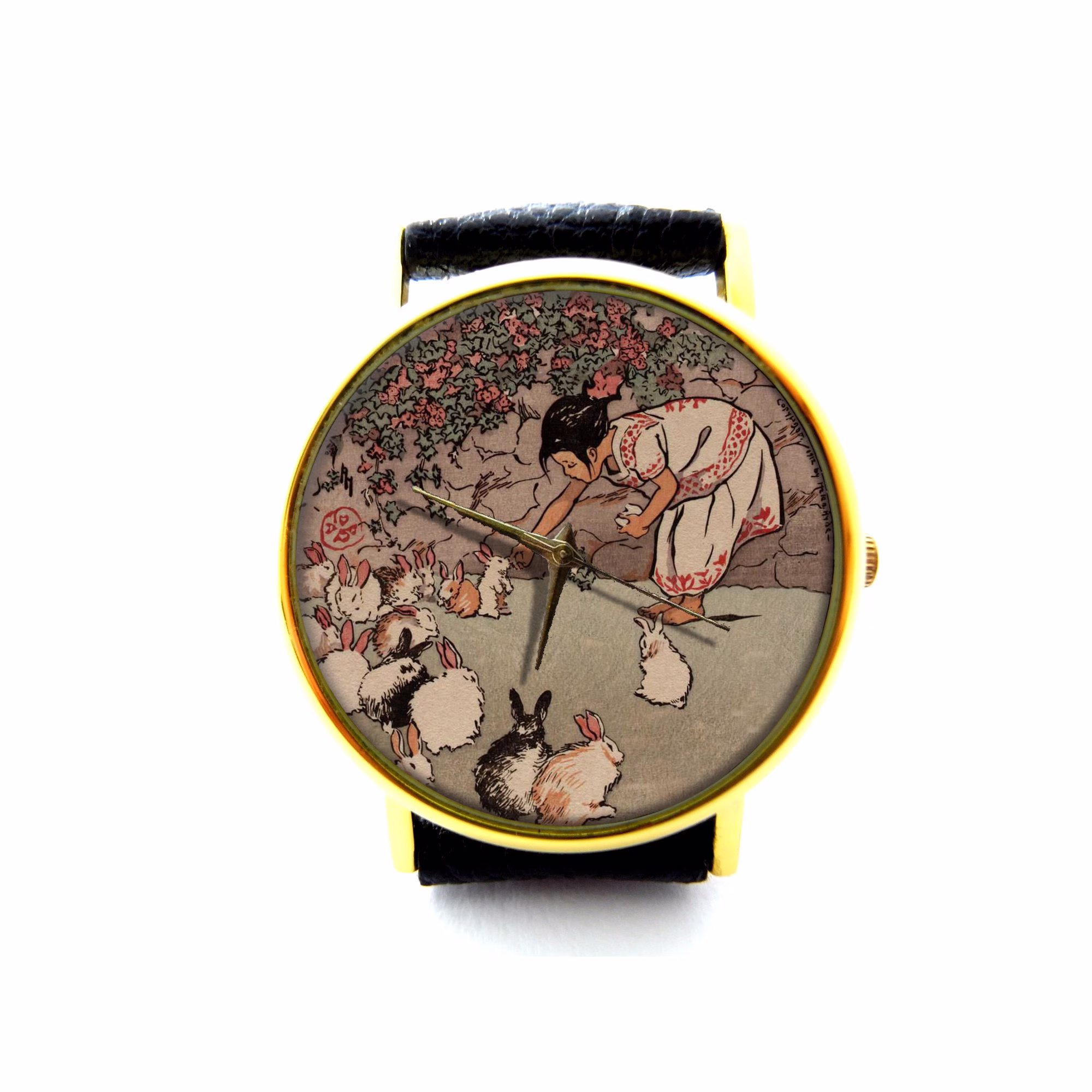 Rabbit Leather Watch, Ladies Unisex Jewelry, Vintage Style Jewelry
