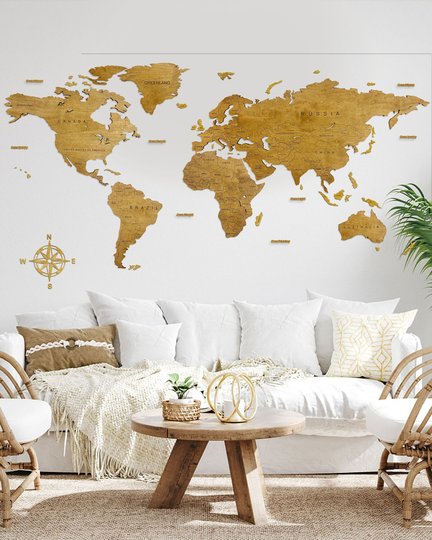 Wood World Map Rustic Home Housewarming Gift Decor 5Th Anniversary Push Pin Travel Wall Art 3D