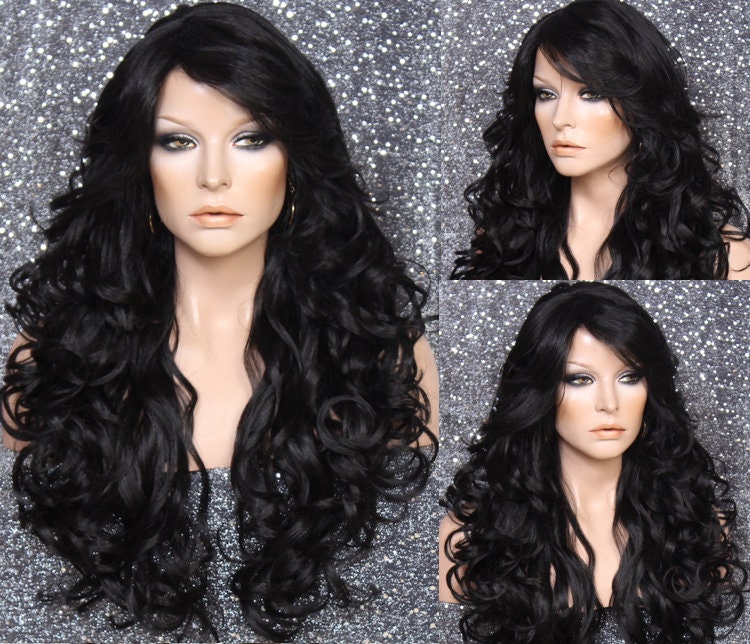 Long Black Beautiful Human Hair Blend Curly Wig With Full Bangs Perect For First Time Wearer Or Cancer/Alopecia/Cosplay/Theater