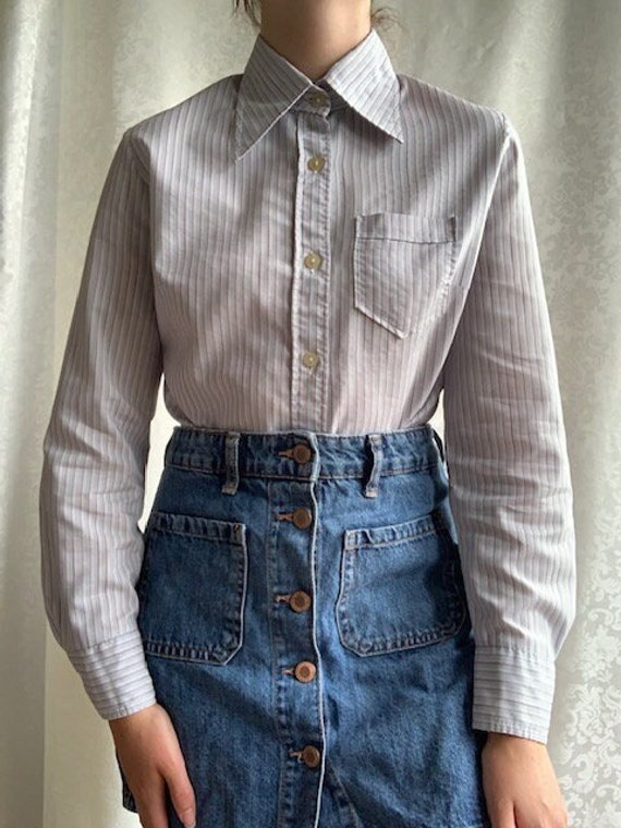 Vintage 1970S Cotton Blend Striped Blouse With Pointy Neck - Grey Purple Burgundy White Color Boho Classy Minimal Style