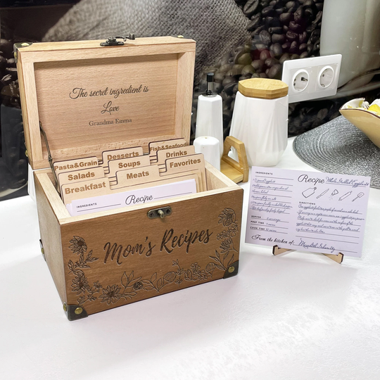 Custom Recipe Box Wooden Dividers Recipe Cards Gift For Mom Housewarming Gift Engraved Box Wedding Shower Decor New Home