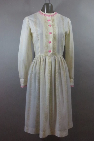 Vintage 1960's Dress, Handsewn, Button Front, Long Sleeves, Pink Trim & Buttons, Gathered Skirt, Cotton Blend, Good Condition26" Waist